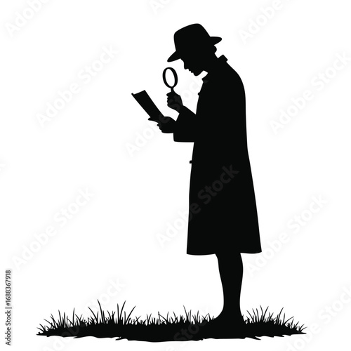 Silhouette of detective examining document with magnifying glass