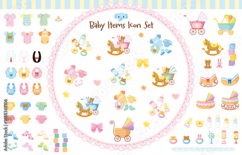 ベビー用品アイコンセット｜哺乳瓶・おしゃぶり・ベビーカー・おむつなど新生児グッズ(Baby Items Icon Set | Feeding Bottle, Pacifier, Stroller, Diaper and Newborn Essentials)