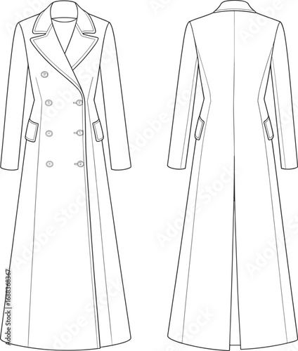 Long trench coat technical flat sketch, double-breasted women’s outerwear design, formal winter coat vector, fashion CAD drawing template.