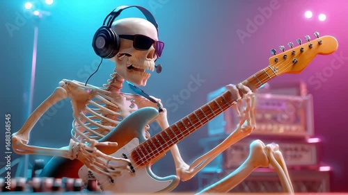 Skeleton Guitarist: A vibrant, cool skeleton strums a guitar with headphones in a energetic performance, capturing the essence of musical passion. 