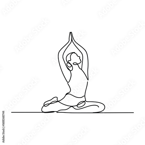 Minimalist single line drawing of a person in a serene yoga pose with arms raised