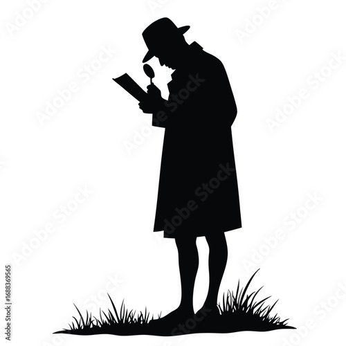Silhouette of detective examining document with magnifying glass in grass