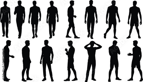 Silhouettes of athletic men standing, walking, talking, gesturing, fitness poses, casual clothing, male sports figures, black vector isolated on white background