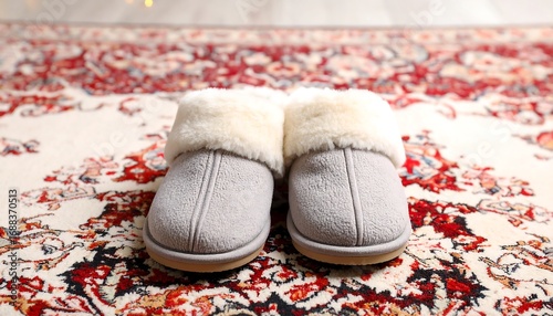 Cozy gray slippers on a patterned rug