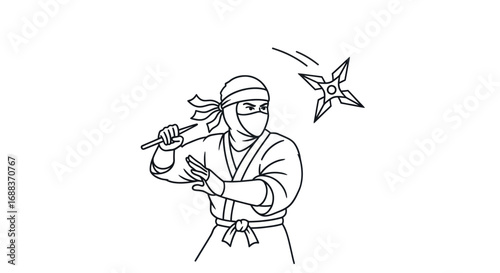 A ninja in traditional attire throws a shuriken with a determined stance.