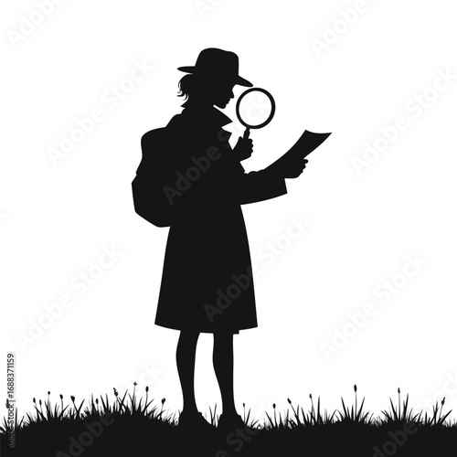 Silhouette of detective examining map with magnifying glass