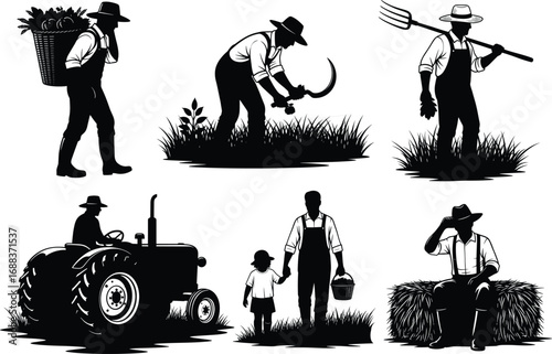 Farmer working in field, cad drawing flat vector illustration, black and white agriculture design, traditional farming activities, tractor, harvest, pitchfork, rural lifestyle scene