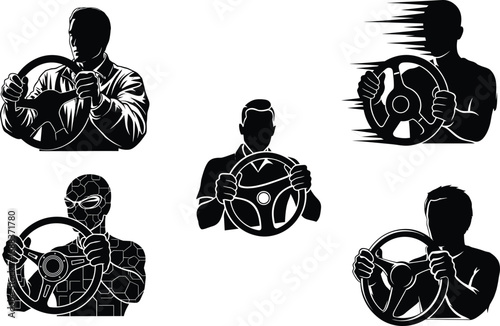 Driver holding steering wheel, cad drawing flat vector illustration, black and white driver design, various driving styles, professional, speed, superhero, silhouette