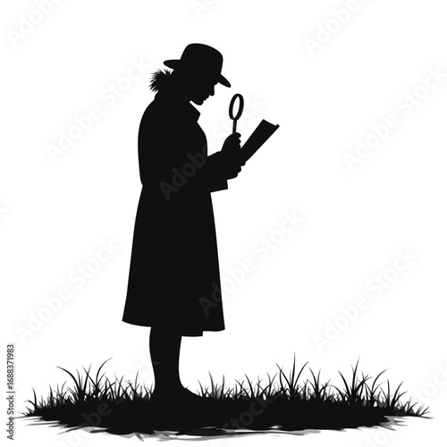 Silhouette of detective with magnifying glass examining document