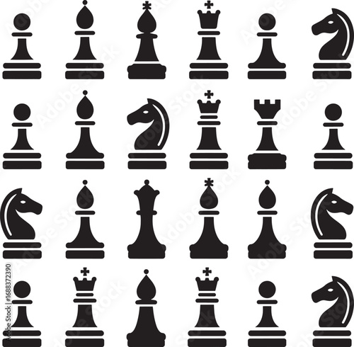 Chess Piece Icons in Black and White Silhouette Style 