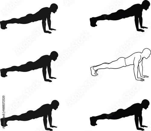 Plank exercise silhouette, fitness workout pose, core strength training, bodyweight exercise graphic, gym routine illustration, cad drawing flat vector illustration