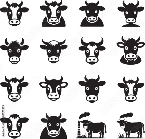 Cow Head Icons in Black and White Minimalist Style