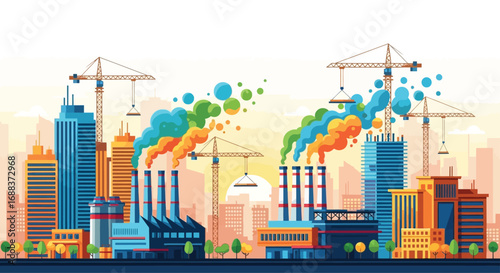 Colorful flat vector illustration of African city skyline with factories, smokestacks, and cranes, symbolizing progress and development