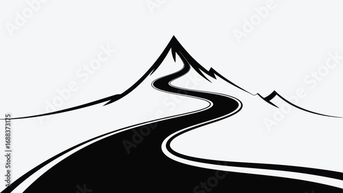A stylized black and white image featuring a winding road leading up to a mountain peak design art