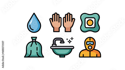 A set of six hygiene and safety icons including water droplet, hands, sink, trash bag, and hazmat suit