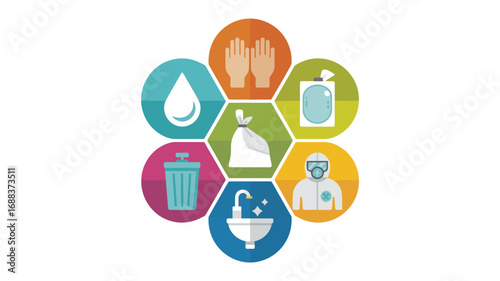 Illustration of hygiene and safety measures with icons of water droplet, gloves, and protective suit