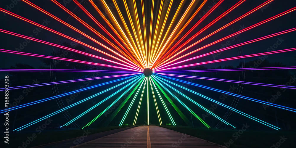 Obraz premium A radiant explosion of multicolor laser beams creating a futuristic light show across a deserted country road at night