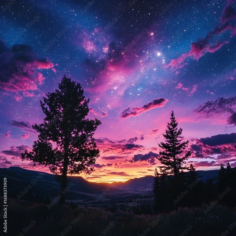 Fototapeta premium Photo of silhouetted landscape at sunset with vibrant purple, pink, and blue hues