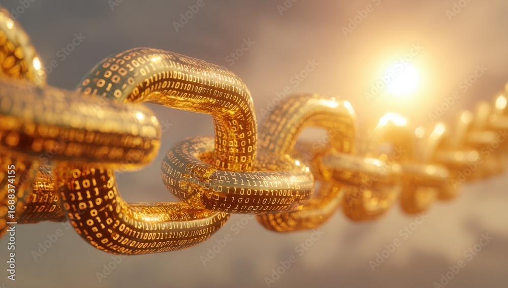 Obraz premium Golden chain links, intricately detailed with binary code, against a backdrop of a bright, golden sunlit sky