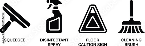 A black and white illustration showing a squeegee, disinfectant spray, floor caution sign, and brush