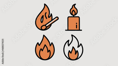 Illustration of a lit matchstick, a candle with a flame, and two different flame icons on a light background