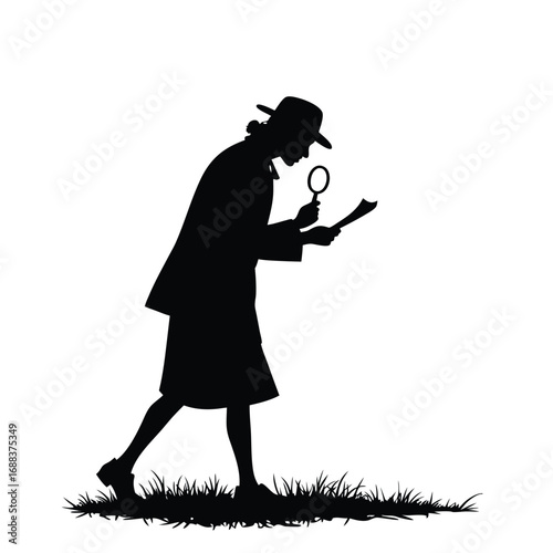 Silhouette of person in hat examining document with magnifying glass