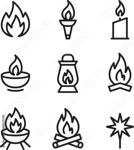 Fire and Flame Icons in Black and White Line Art (