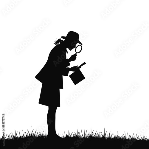 Silhouette of person with magnifying glass examining a book