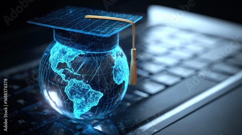 A digital globe representing Africa is capped with a graduation hat, symbolizing the connection between education and technology