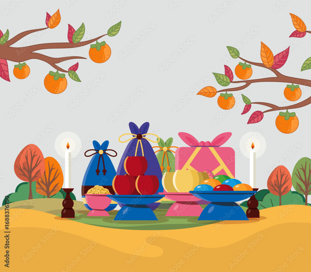 Fototapeta premium Chuseok Korean harvest festival illustration – full moon, lanterns and gifts