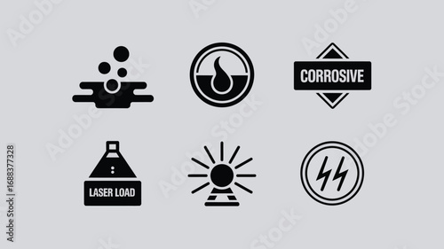 A collection of six black and white hazard symbols including corrosive laser load and electrical hazard