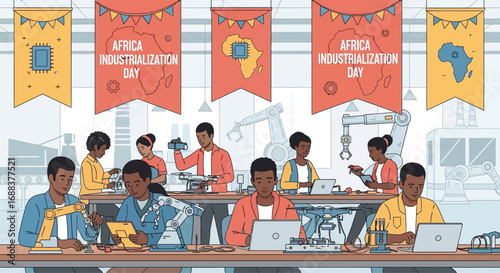 Flat vector illustration of African youth working on robotics and technology inside a factory, with banners celebrating Africa Industrialization Day