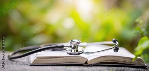 The stethoscope resting on an open book in a serene natural setting.