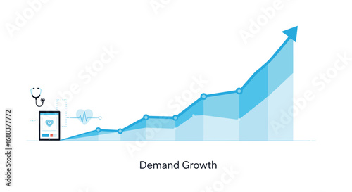 Dynamic healthcare demand growth visualized with rising graph and medical icons signaling positive business expansion and innovation, Generative AI.