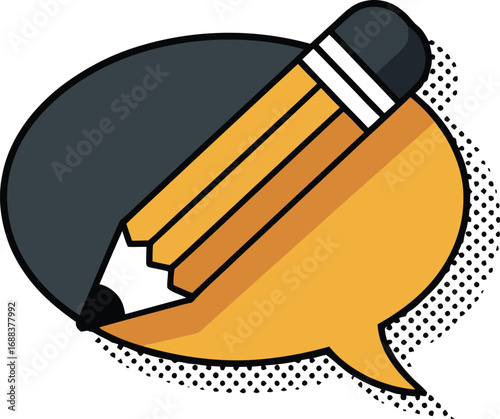 A stylized image of a yellow and black pencil overlaid on a speech bubble with a dotted outline design