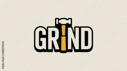 The word grind with a hammer replacing the i in a stylized logo against a light beige background