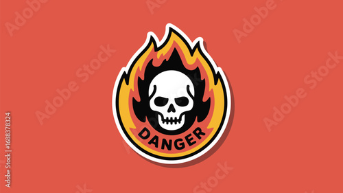 A sticker with a skull inside flames and the word danger on a red background in a flat design style