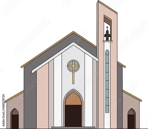Front View of Modern Christian Church with Bell Tower and Large Cross – Minimalist Architecture Illustration Isolated on White