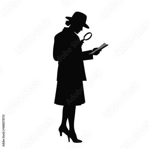 Woman in hat and trench coat examining document with magnifying glass