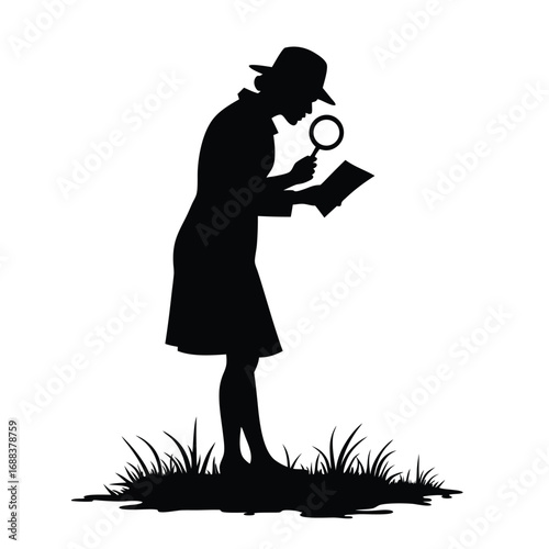 Woman in hat and trench coat examining document with magnifying glass