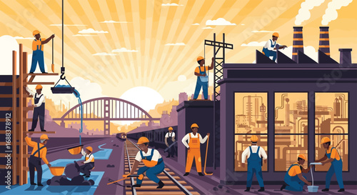 Flat vector of a diverse African workforce building bridges, railways, and factories together, with the sun rising behind them, symbolizing hope and progress