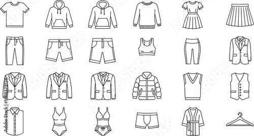 Collection of Clothing Icons in Black and White Outline Style Keywords: clothing, apparel, fashion