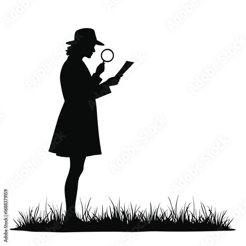 Woman in hat with magnifying glass examining document in grass