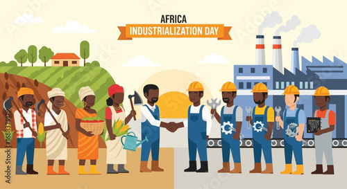 Flat vector of African farmers and factory workers shaking hands, symbolizing cooperation between agriculture and industry, Africa Industrialization Day concept