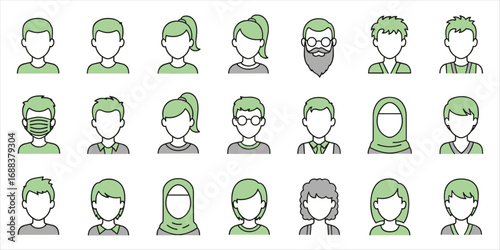 Collection of Diverse People Avatars with Green Accents Keywords: avatar, profile, icon, people