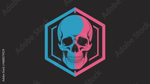 A stylized skull with a divided color scheme inside of a geometric hexagon on a dark background