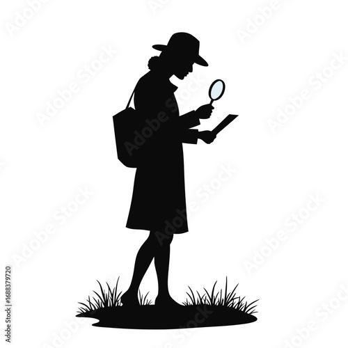 Woman in hat with magnifying glass examining document
