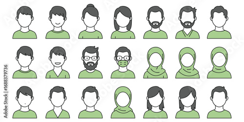 Diverse Human Avatar Icons Representing Men Women and Hijab Wearers Keywords: avatar, icon, person