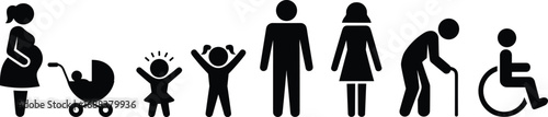 Diverse Human Life Stages And Family Icons On White Background pregnant woman baby stroller