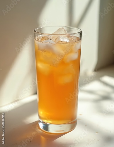 Wallpaper Mural Glass of chilled kombucha with natural effervescence and ice cubes. This fermented tea drink offers a healthy, nonalcoholic, organic option. Bubbles and SCOBY strands are visible, detail shot. Torontodigital.ca